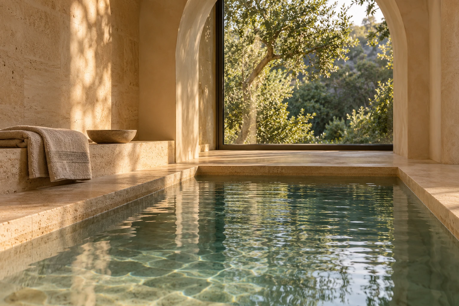 Concept image of sunlit stone, still water and soft linen in a quiet spa room